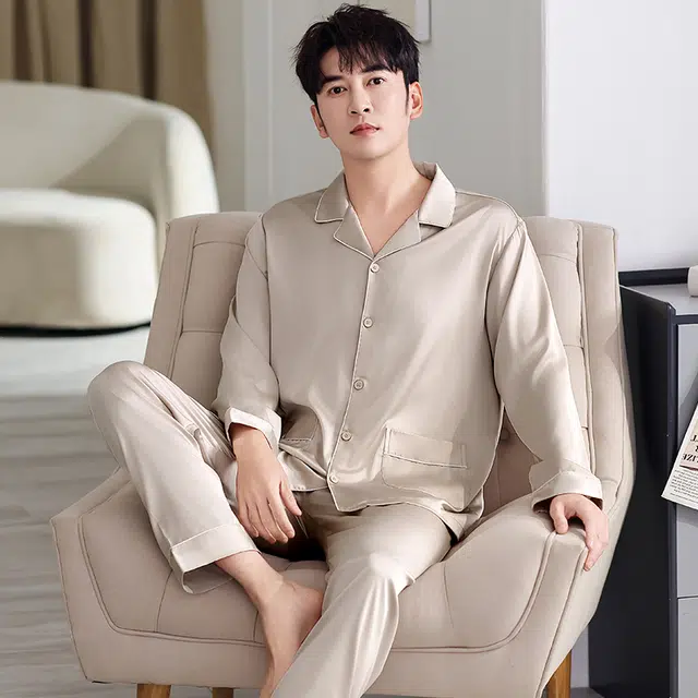 俏佳人 丝滑冰丝高级感开衫翻领纯色简约休闲亲肤舒适透气长袖长裤家居服睡衣套装 男款
