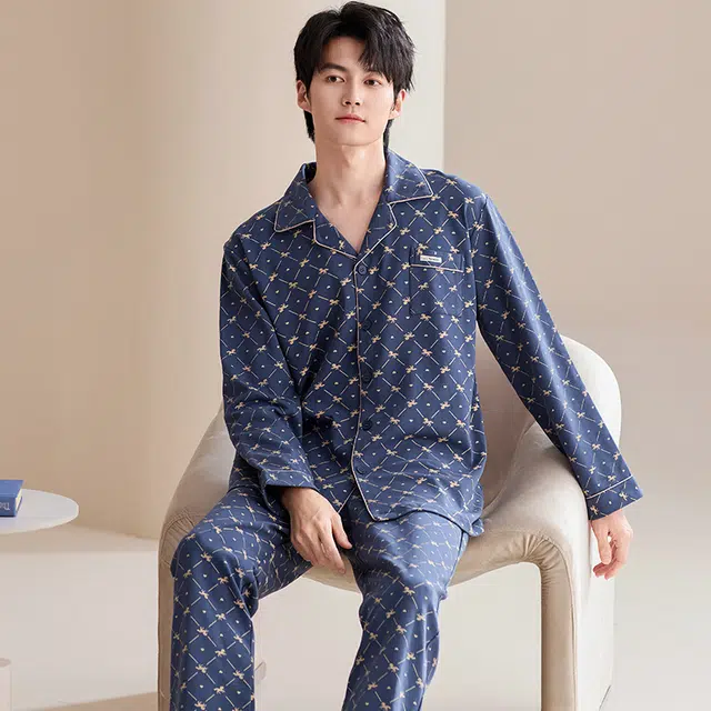 俏佳人 翻领开衫简约时尚舒适透气长袖长裤家居服睡衣套装 男款 宝蓝色