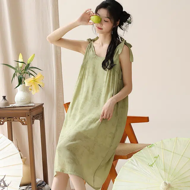 俏佳人 新中式国风水墨吊带蝴蝶结宽松透气舒适家居服无袖睡裙 女款
