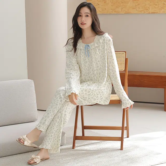 俏佳人 纯棉套头圆领公主风宽松休闲家居服碎花柔软亲肤舒适透气长袖长裤睡衣套装 女款