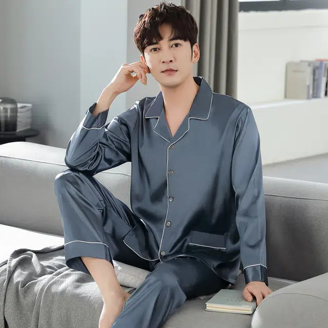 俏佳人 丝滑冰丝高级感翻领开衫简约纯色休闲家居服亲肤舒适透气长袖长裤睡衣套装 男款