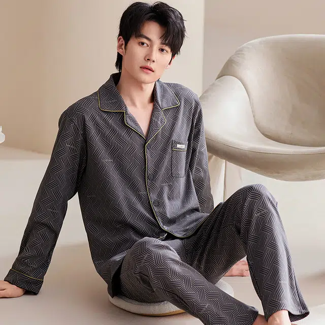 俏佳人 翻领开衫简约时尚条纹舒适透气长袖长裤家居服睡衣套装 男款 深灰色