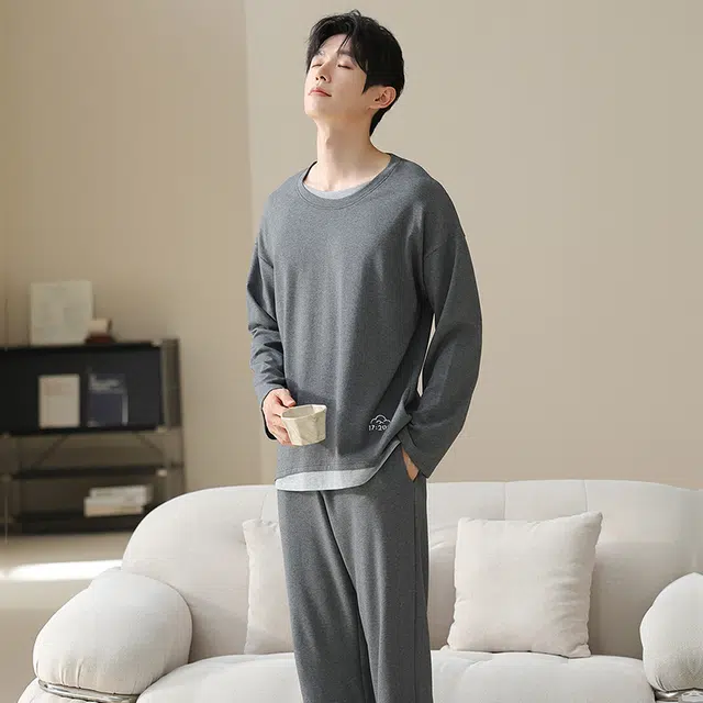 俏佳人 纯棉套头圆领休闲宽松可外穿家居服拼色亲肤柔软舒适透气长袖长裤睡衣套装 男款