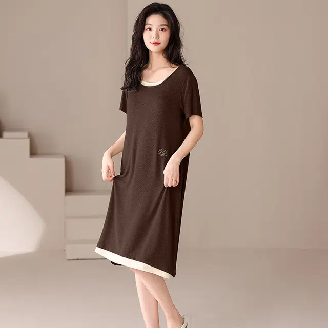 俏佳人 带胸垫短袖印花休闲慵懒风舒适可外穿透气垂感亲肤家居服睡裙 女款