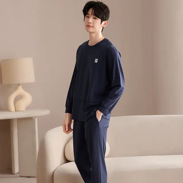 俏佳人 纯棉圆领套头纯色休闲宽松柔软舒适可外穿长袖长裤家居服睡衣套装 男款
