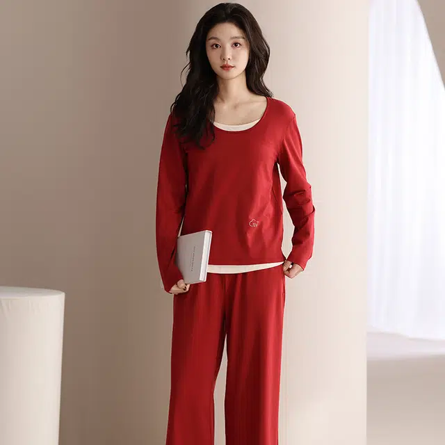俏佳人 鸿运喜庆纯棉圆领套头假两件上衣休闲长裤宽松舒适亲肤透气可外穿家居服睡衣套装 女款
