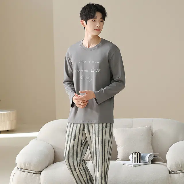 俏佳人 纯棉套头圆领休闲宽松可外穿家居服复古条纹字母柔软亲肤舒适透气长袖长裤睡衣套装 男款