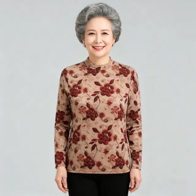 俏佳人 秋冬防寒优雅妈妈装磨毛薄绒中老年半高领印花碎花长袖打底衫高弹力舒适亲肤保暖上装 女款