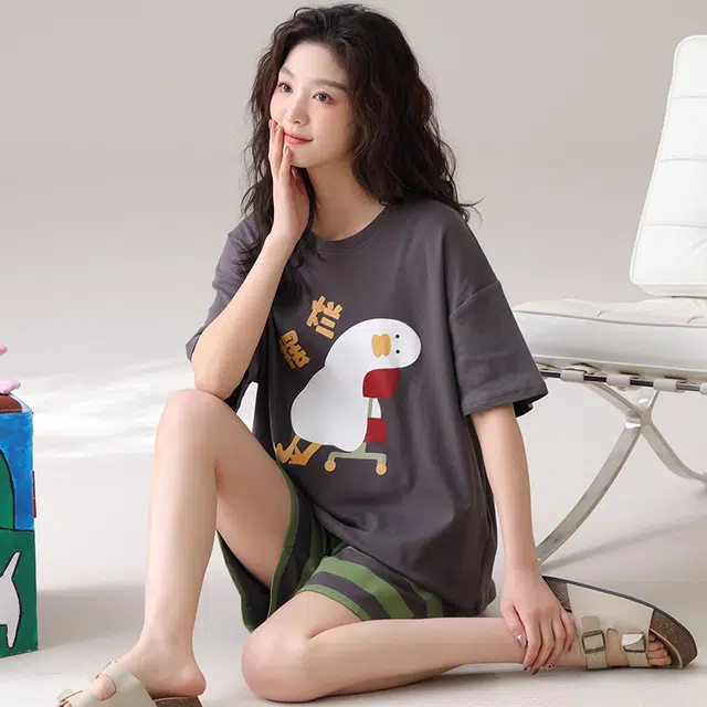 俏佳人 套头舒适纯棉透气休闲慵懒短袖家居服柔软亲肤睡衣套装 女款