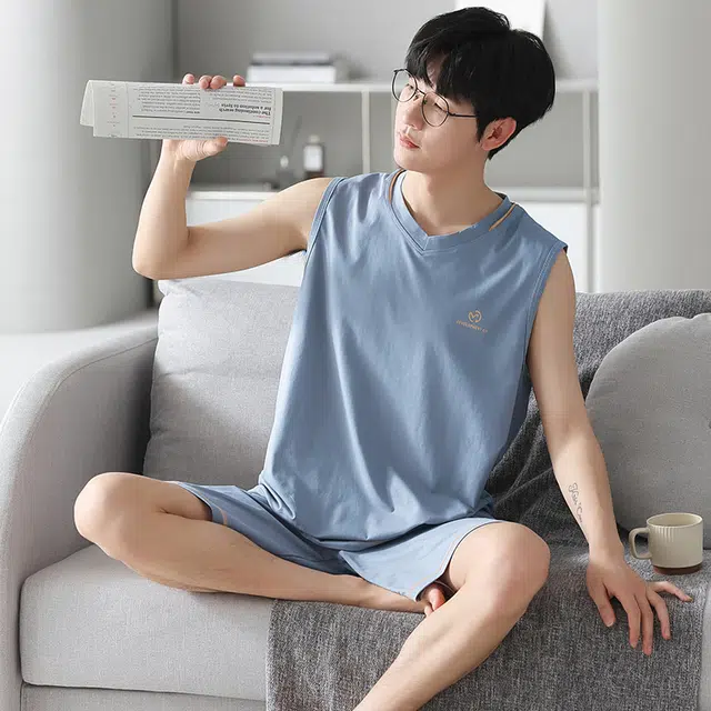 俏佳人 纯色印花柔软亲肤韩版基础休闲慵懒家居服睡衣套装 男款