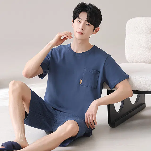 俏佳人 纯棉舒适透气基础短袖家居服休闲慵懒睡衣套装 男款
