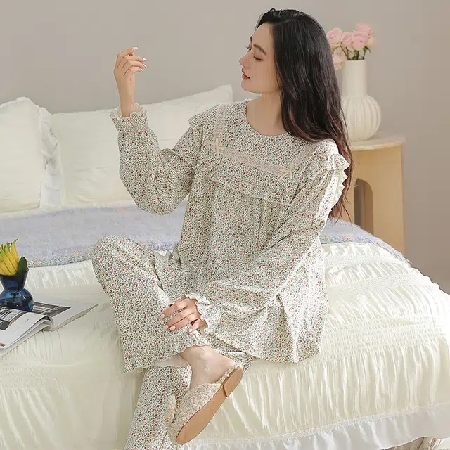 俏佳人 纯棉套头圆领公主风宽松休闲家居服柔软亲肤舒适透气长袖长裤睡衣套装 女款