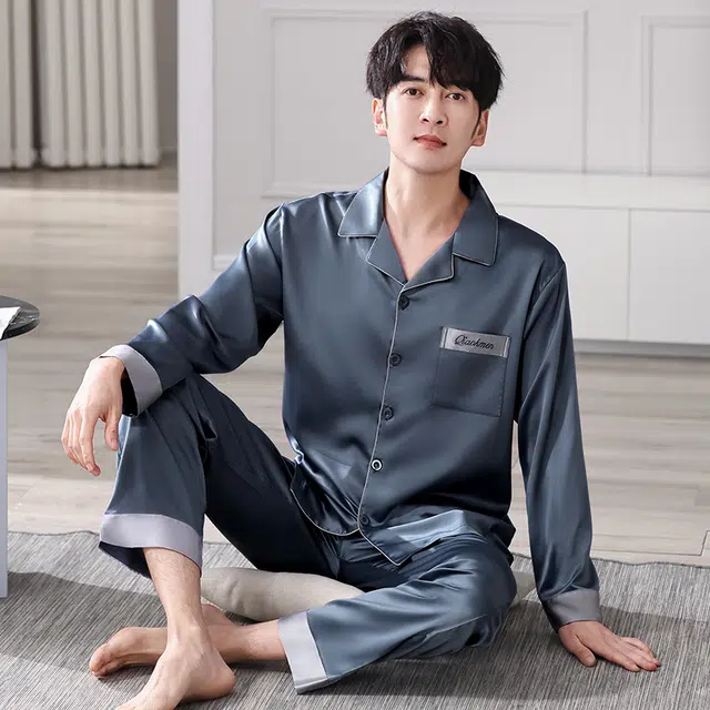 俏佳人 丝滑冰丝高级感翻领开衫纯色简约休闲亲肤透气舒适家居服长袖长裤睡衣套装 男款