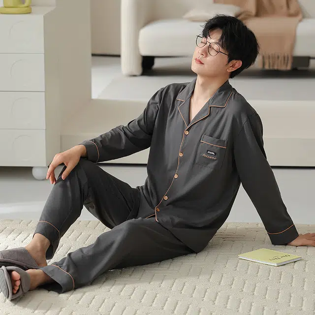 俏佳人 拉架棉开衫简约基础宽松慵懒风舒适透气亲肤可外穿家居服睡衣套装 男款