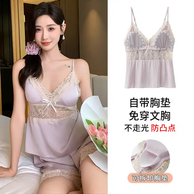 俏佳人 带胸垫性感无袖吊带镂空蕾丝凉感透气亲肤纯色家居服睡衣套装 女款