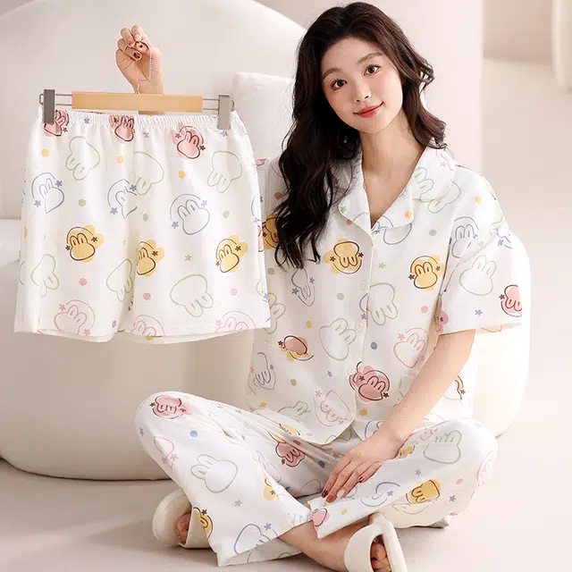 俏佳人 带胸垫三件套卡通舒适开衫透气亲肤短袖家居服睡衣套装 女款