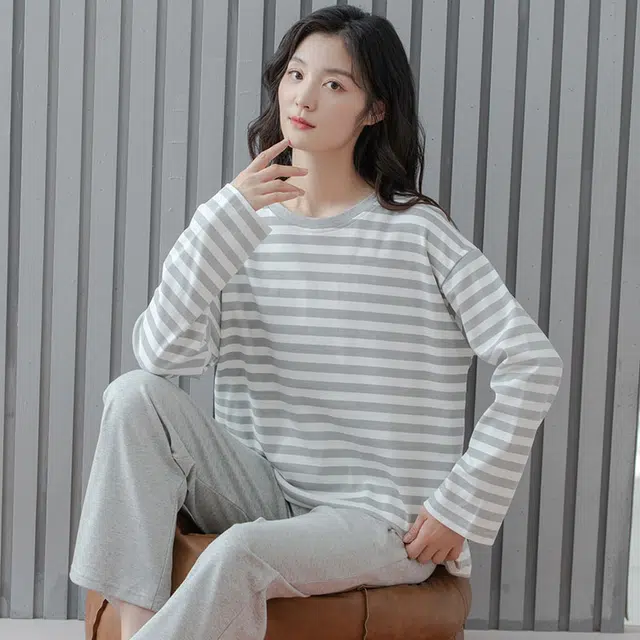 俏佳人 纯棉圆领套头条纹休闲宽松舒适亲肤透气长袖长裤可外穿家居服睡衣套装 女款