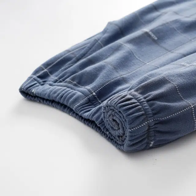 俏佳人 纯棉简约纯色圆领套头格子可外穿家居服舒适亲肤透气长袖长裤睡衣套装 男款