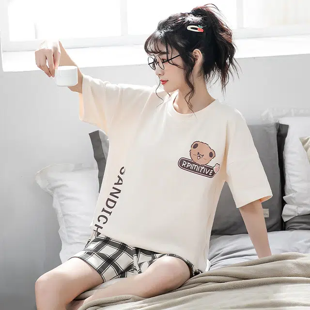 俏佳人 亲肤休闲柔软可外穿套头短袖短裤慵懒宽松家居服睡衣套装 女款