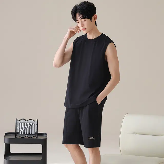 俏佳人 纯棉舒适透气简约套头可外穿背心休闲慵懒风家居服睡衣套装 男款