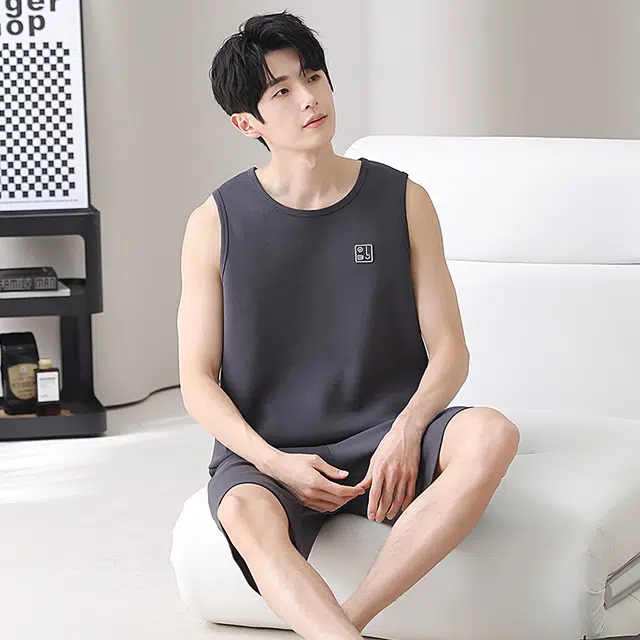 俏佳人 纯棉舒适透气家居服慵懒休闲背心睡衣套装 男款