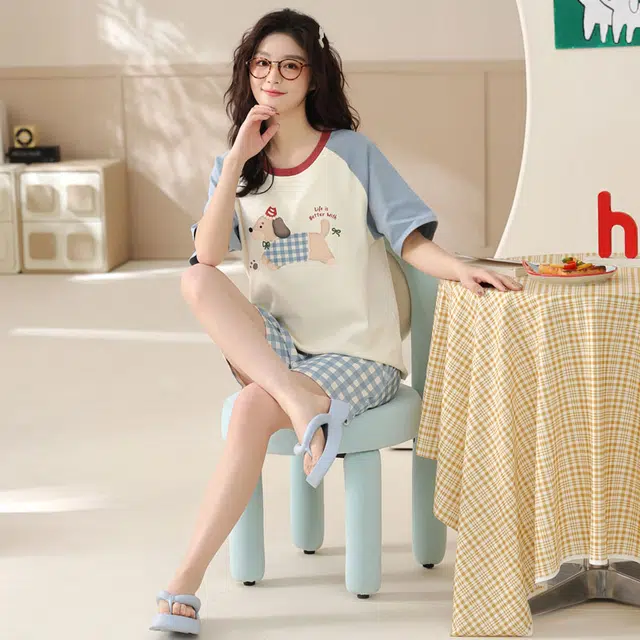 俏佳人 纯棉慵懒套头舒适透气休闲可外穿圆领短袖家居服睡衣套装 女款