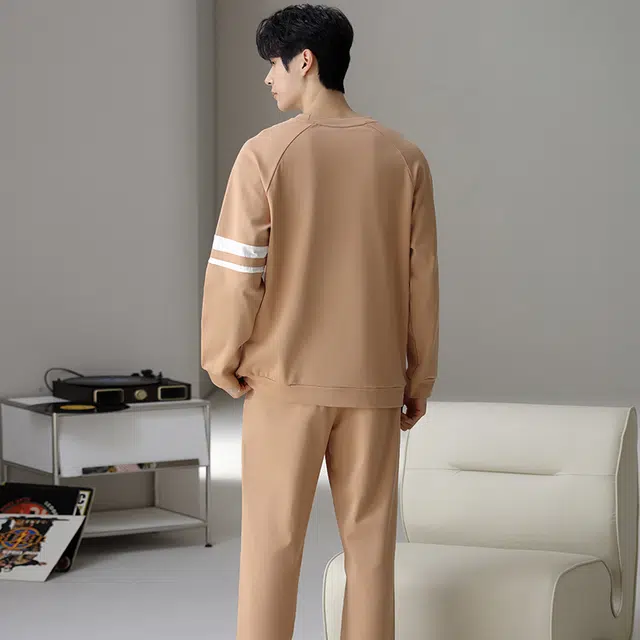 俏佳人 纯棉圆领套头休闲宽松柔软舒适可外穿长袖长裤简约时尚家居服睡衣套装 男款