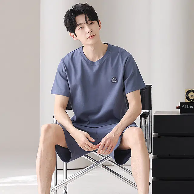 俏佳人 纯棉舒适透气慵懒短袖基础纯色休闲家居服睡衣套装 男款