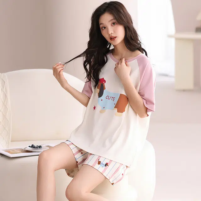 俏佳人 透气休闲纯棉套头舒适慵懒短袖家居服柔软亲肤睡衣套装 女款