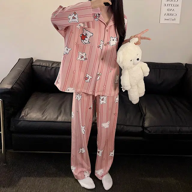 俏佳人 开衫翻领条可爱卡通爱心小狗休闲宽松家居服舒适透气长袖长裤睡衣套装 女款