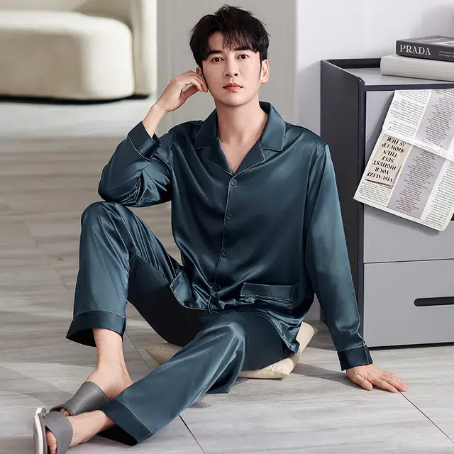 俏佳人 丝滑冰丝高级感开衫翻领纯色简约休闲亲肤透气舒适家居服长袖长裤睡衣套装 男款