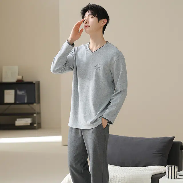 俏佳人 纯棉套头圆领休闲宽松可外穿家居服纯色字母柔软亲肤舒适透气长袖长裤睡衣套装 男款