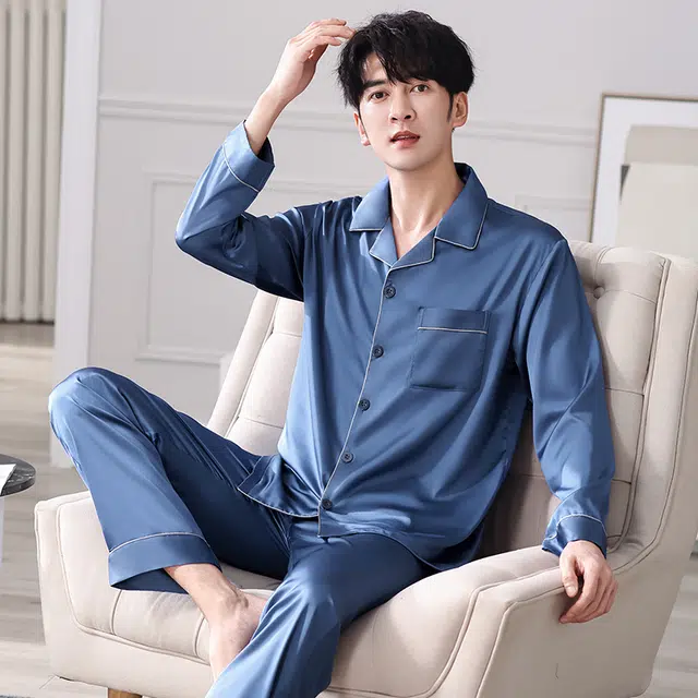 俏佳人 丝滑冰丝高级感开衫翻领简约休闲纯色家居服亲肤透气舒适长袖长裤睡衣套装 男款