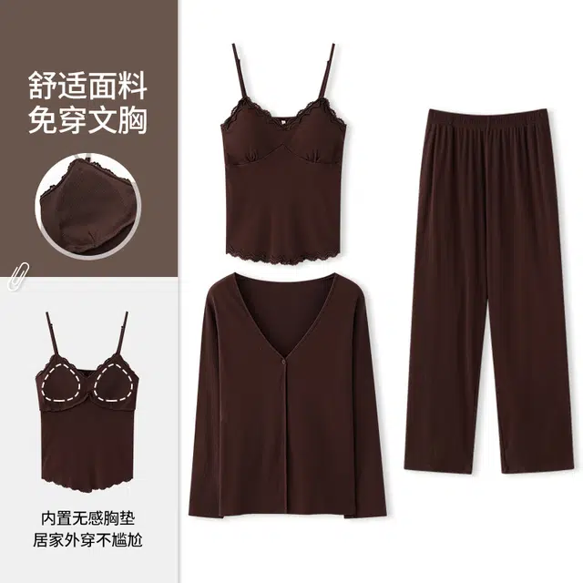 俏佳人 纯欲风纯色小吊带外套长裤三件套带胸垫亲肤舒适休闲可外穿时尚家居服睡衣套装 女款
