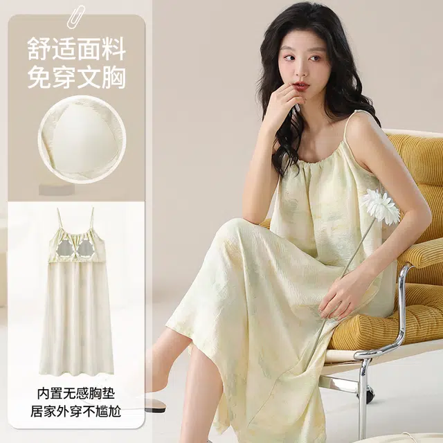 俏佳人 带胸垫舒适透气休闲慵懒吊带家居服柔软亲肤无袖睡裙 女款