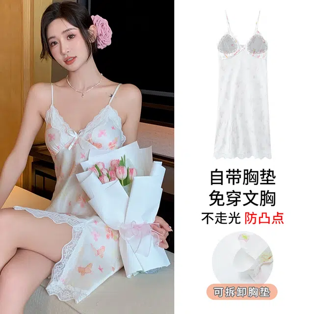 俏佳人 性感带胸垫冰丝无袖吊带纯欲风开衩蕾丝凉感透气亲肤家居服睡裙 女款