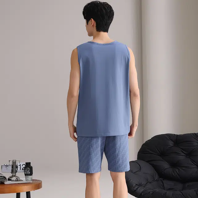 俏佳人 可外穿背心纯棉舒适透气简约套头休闲慵懒风家居服睡衣套装 男款