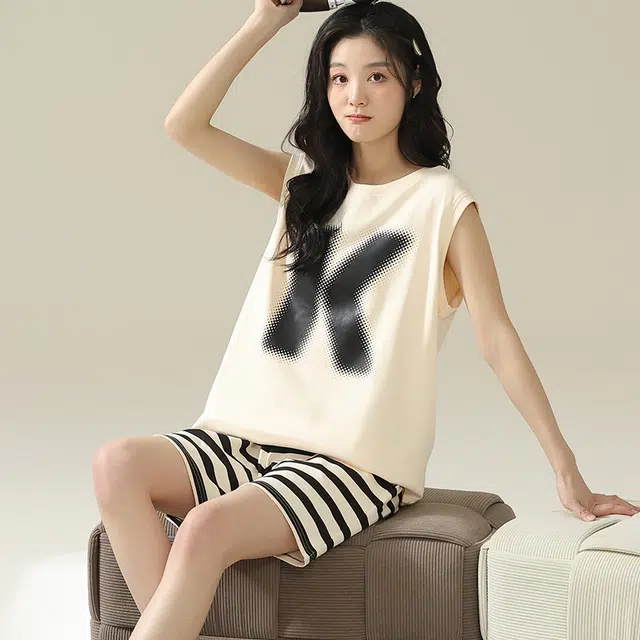 俏佳人 柔软亲肤休闲可外穿套头背心短裤慵懒宽松家居服睡衣套装 女款