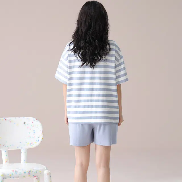 俏佳人 纯棉带胸垫条纹圆领套头舒适透气慵懒休闲可外穿短袖短裤家居服睡衣套装 女款