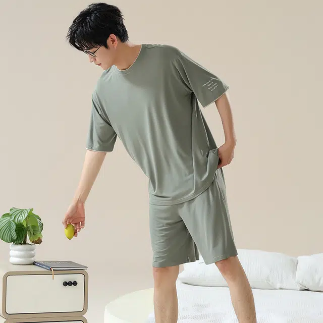 俏佳人 垂感柔软亲肤透气基础休闲短袖家居服慵懒睡衣套装 男款