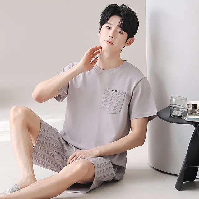 俏佳人 纯棉舒适透气休闲慵懒短袖家居服基础纯色睡衣套装 男款