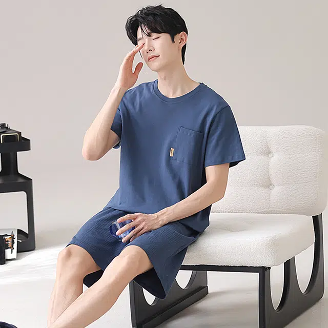 俏佳人 纯棉舒适透气基础短袖家居服休闲慵懒睡衣套装 男款