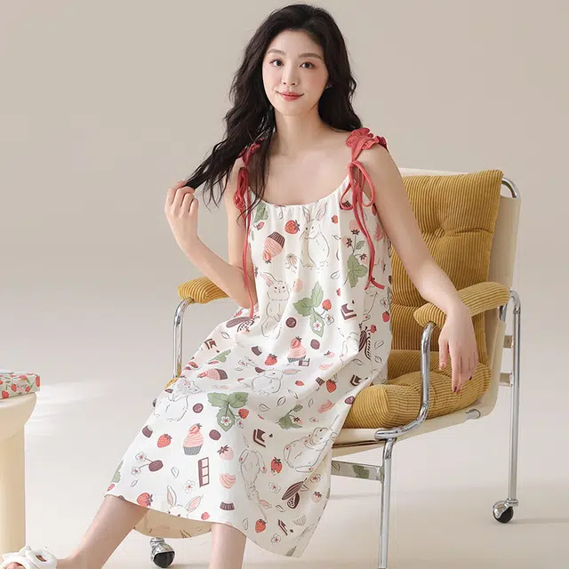 俏佳人 休闲带胸垫基础舒适透气可外穿满印无袖吊带家居服睡裙 女款