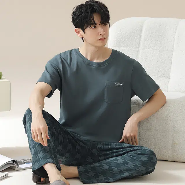 俏佳人 韩版柔软亲肤休闲短袖长裤慵懒家居服睡衣套装 男款