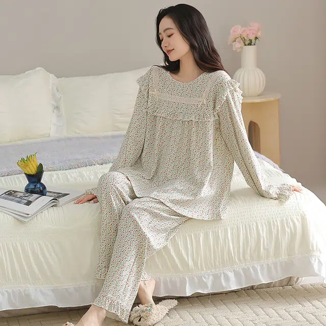 俏佳人 纯棉套头圆领公主风宽松休闲家居服柔软亲肤舒适透气长袖长裤睡衣套装 女款