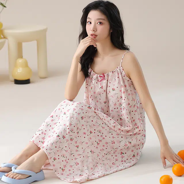 俏佳人 舒适带胸垫透气休闲慵懒吊带家居服柔软亲肤无袖睡裙 女款