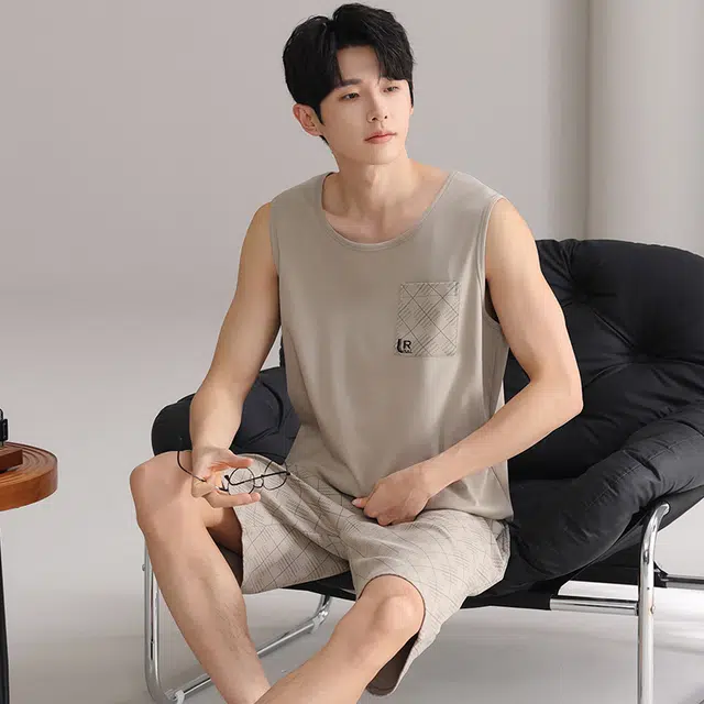 俏佳人 纯棉舒适透气简约套头可外穿休闲慵懒风背心家居服睡衣套装 男款