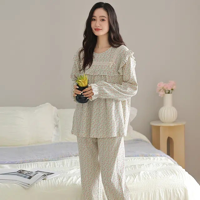 俏佳人 纯棉套头圆领公主风宽松休闲家居服柔软亲肤舒适透气长袖长裤睡衣套装 女款