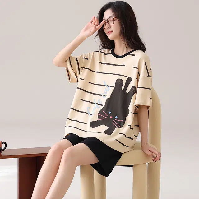 俏佳人 纯棉休闲慵懒套头舒适透气短袖家居服柔软亲肤睡衣套装 女款