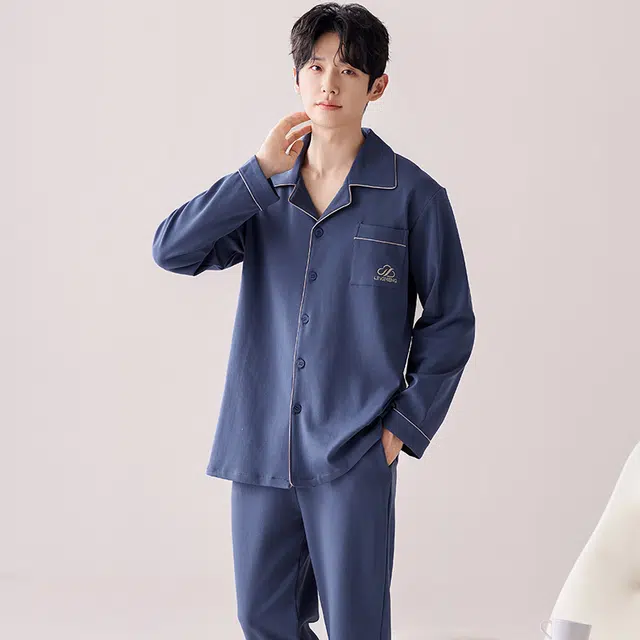 俏佳人 翻领开衫简约时尚纯色家居服舒适透气长袖长裤睡衣套装 男款 宝石蓝